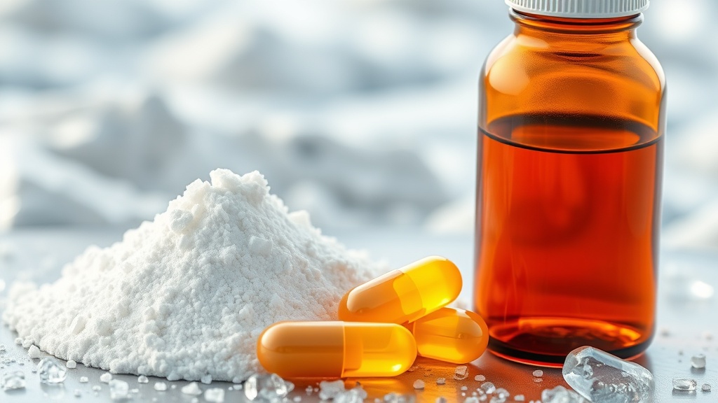 Various forms of MSM with vitamin C: white crystalline powder, capsules, and a liquid tincture in amber glass bottle.