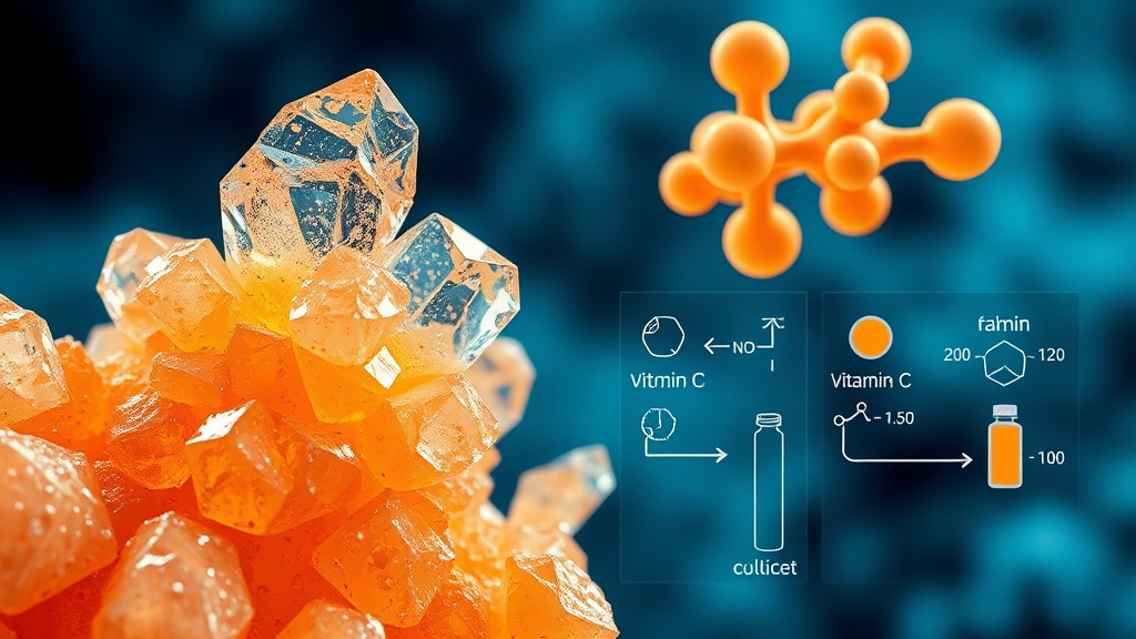 Microscopic view of MSM crystals and vitamin C molecules illustrating their structural synergy.