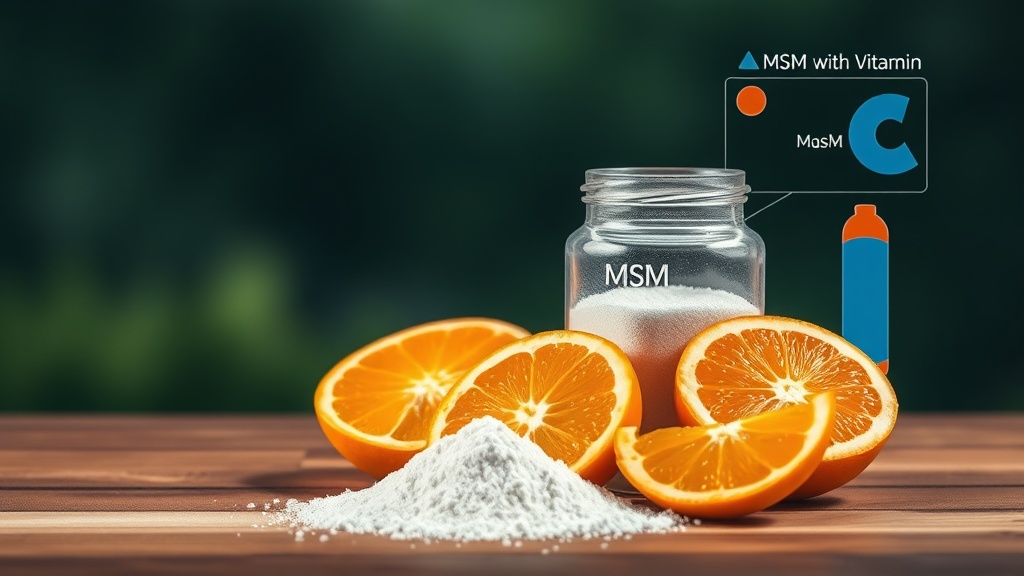 A clear glass jar of white MSM powder and sliced oranges on a wooden table, representing MSM and vitamin C supplementation.