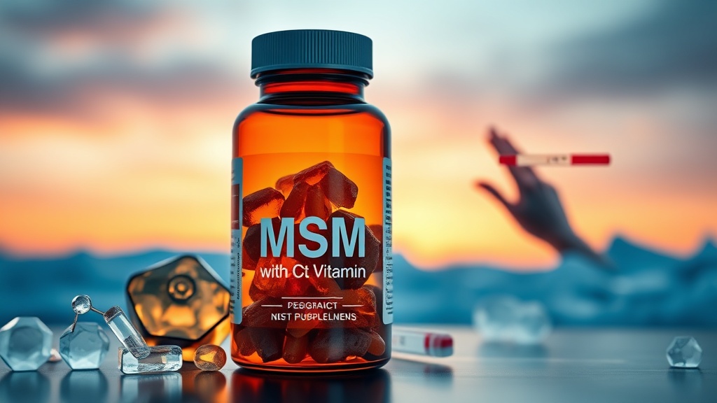 MSM and vitamin C supplements in a bottle with a pregnancy test and a child's hand in background