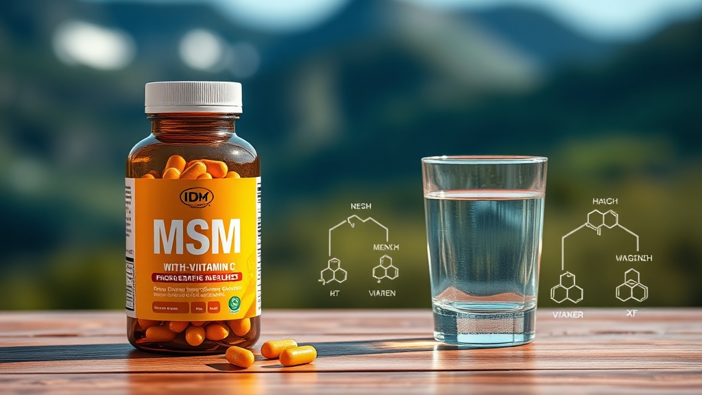 Bottle of MSM with vitamin C supplements and a glass of water on a wooden table