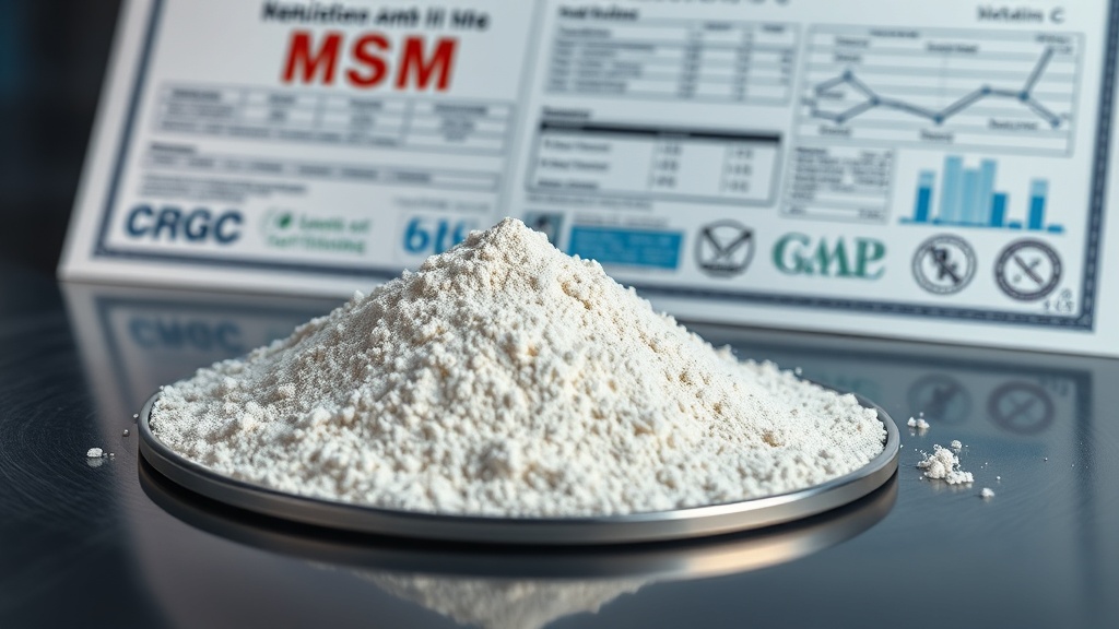 Close-up of MSM and vitamin C powder on a stainless steel surface with a certificate of analysis in the background.