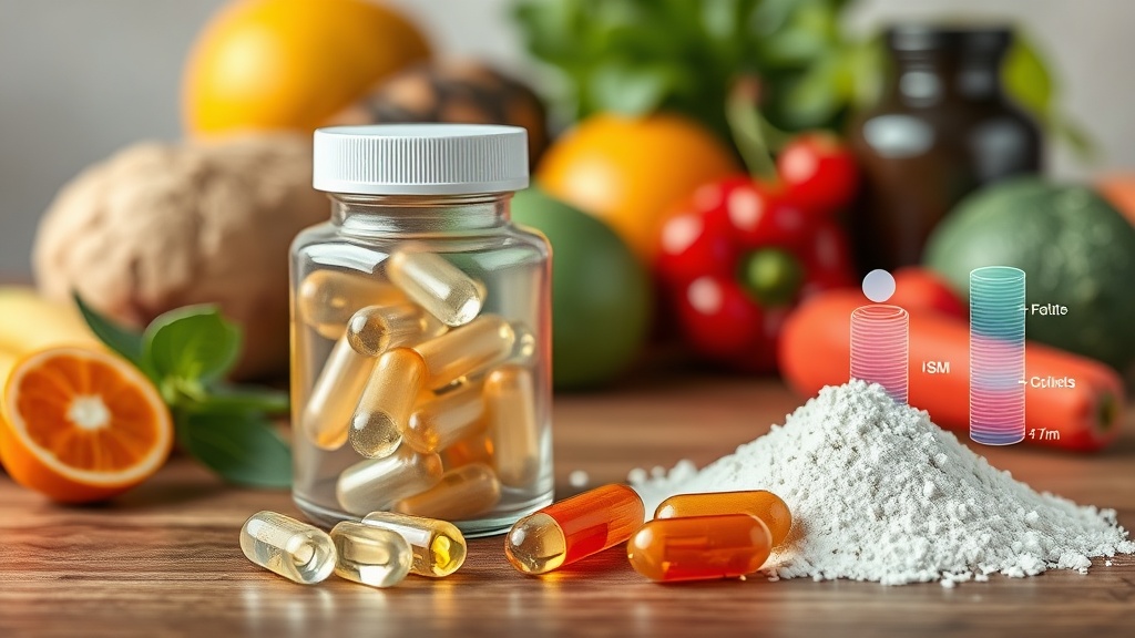 MSM with Vitamin C supplement capsules and powder on a wooden surface, with a backdrop of fresh fruits and vegetables.